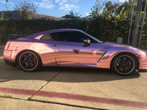 Nissan GTR wrapped in a custom Rose Gold Chrome by Sharp Wraps. Pink Chrome Wrap Car, Pink Chrome Car Wrap, Gold Car Interior, Chrome Car Wrap, Rose Gold Car, Gtr Nissan, Aventador Lamborghini, Chrome Car, Nissan R35