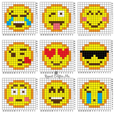 Are you or your kids Emoji-obssessed? It’s hard not to love those cute little faces and icons that give your texts and social media posts a little pizzazz! I created 9 Emoji Crochet C2C (corner-to-corner) squares and stitched them together to make a fun Emoji Graphgan! A fairly simple project that you can easily add to. … Perler Bead Bookmarks Ideas, Crochet Emoji, C2c Graphgan, Crochet Pixel, Emoji Patterns, Modele Pixel Art, Repeat Crafter Me, Pixel Crochet, Pola Gelang