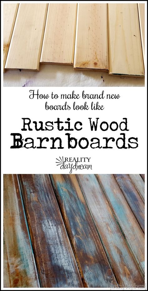 Learn how to make new pine boards into distressed wood barnboards with just a couple super simple steps. {Reality Daydream} #farmhouse #diy Barn Wood Projects, Woodworking Jigs, Rustic Wood Crafts, Barn Boards, Wood Projects For Beginners, Barn Board, Diy Headboard, Diy Holz, Into The Woods