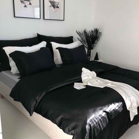 Best Black Silk Sheets for a Wonderfully Chic Night of Sleep. - The Mood Guide Black Bedding White Room, All Black Bedding Ideas, Bedroom Decor With Black Comforter, White Bed With Black Sheets, Black And Grey Bed Set, Silk Black Bedding, Black Silk Sheets Bedroom, White Sheets Black Comforter, Black Silk Comforter