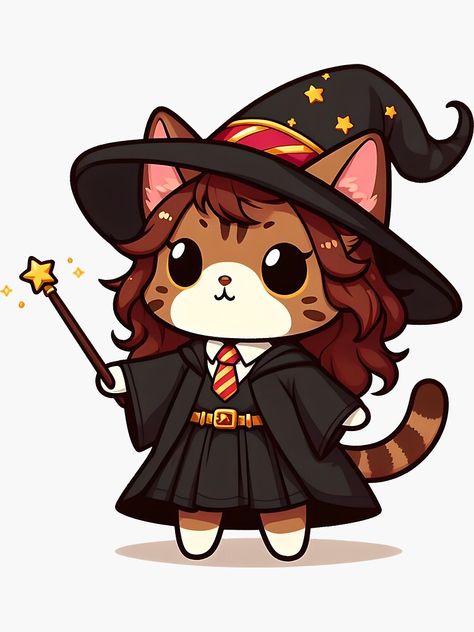 Cute Hermione Granger Harry Potter inspired cat with a wand and wizard hat Kawaii, Kawaii Harry Potter, Monster Encyclopedia, Hermione Granger Fanart, Harry Potter Cat, Hermione Granger Harry Potter, Stickers Harry Potter, Harry Potter Stickers, Kitten Stickers