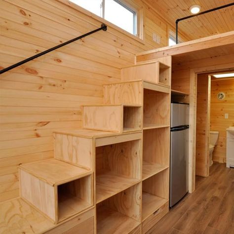 Storage Shed Loft Ideas, Loft Storage Stairs, Tiny Cabin Loft Ideas, Stairs With Storage Small Spaces, Mezzanine Stairs With Storage, Storage Stairs Tiny House, How To Build Tiny House Stairs, Cabin Space Saving Ideas, Stairs For Shed Loft