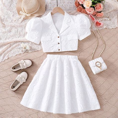 Season:Summer; Fabric:Polyester; Sleeve Length:Short Sleeve; Dress Length:Knee-length; Look After Me:Hand wash,Machine wash; Gender:Girls'; Quantity:2 Pieces; Style:Daily,Fashion; Elasticity:Inelastic; Occasion:Formal,School; Kids Apparel:Dress Suits; Age Group:Kids; Top Length:Cropped; Fit Type:Form Fit; Pattern:Solid Color; Design:Ruched; Age:7-13 Years; Listing Date:04/15/2024; Bust:; Length [Bottom]:; Length [Top]:; Sleeve:; Waist: Women Shirt Designs, Crop Tops For Kids, Crop Top Skirt Set, Crop Top Designs, Kids Dress Wear, Cute Dress Outfits, Fashion School, Kids Fashion Dress, Trendy Fashion Tops