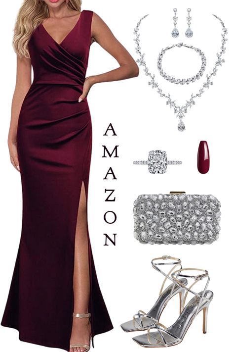 Summer wedding guest dress, evening sandals silver, burgundy maxi dress Bordeaux, Burgundy Gown Accessories, Burgundy Dress Jewelry, Burgundy Dress Accessories Formal, Burgundy Dress Jewelry Ideas, Wine And Silver Wedding Colors, Accessories For Burgundy Dress, Accessories For Red Dress Formal, Burgundy And Gold Outfit