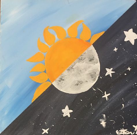 Sun And Moon Simple Painting, Sun And Moon Easy Painting, Moon And Sun Painting Easy, Night And Day Painting Easy, Easy Sun And Moon Painting, Painting Ideas Moon And Sun, Oil Painting Inspo Easy, Acrylic Sun Painting, Sun And Clouds Painting