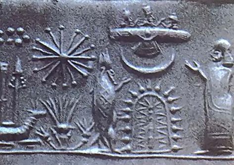 1st Millennium seal showing a worshipper and a fish-garbed sage before a stylized tree with a crescent moon & winged disk set above it. Behind this group is another plant-form with a radiant star and the Star-Cluster (Pleiades cluster) above. Alien Theories, Ancient Astronaut Theory, Alien Artifacts, Egiptul Antic, Ancient Sumerian, Ancient Astronaut, Ancient Mesopotamia, Art Ancien, Aliens And Ufos