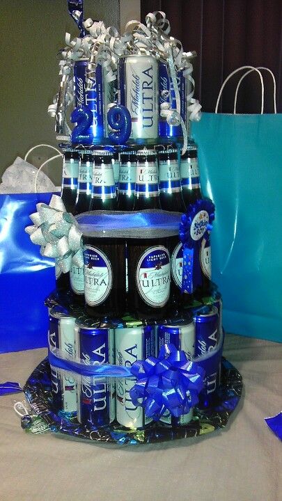 Michelob Beer Cake - made this 3 layer beer cake that included 29 beers. 3 different size of beers for each layer. HE LOVED IT! Diy Beer Cake, Beer Cake Tower, Beer Bottle Cake, Beer Bouquet, Beer Cakes, Beer Can Cakes, Trendy Birthday Gifts, Birthday Beer Cake, Happy Birthday Beer