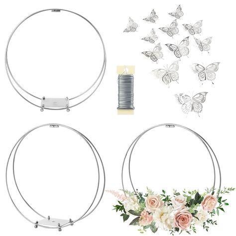 PRICES MAY VARY. 3 Pack Floral Hoop Centerpieces with Stand Set: The package comes with 3-pack 18 Inches metal floral hoops with Holder, 12 pcs 3D butterflies and 38 yards of paddle wire. Great combo for making any amazing silver wedding centerpieces for table. Strong and Smooth Metal Rings: MJRASG macrame rings are made of high-quality, wear-resistant metal, which is smooth and won't fade. The smooth surface will not hurt your fingers. The floral hoop surface is also glazed to prevent oxidation Candle Wedding Centerpieces Round Tables, Floral Birthday Centerpieces, Whimsical Centerpieces Table Decorations, Wedding Hoop Centerpieces, Butterfly Floral Centerpieces, Sweet 16 Table Centerpieces, Wedding Mason Jar Ideas, 80 Birthday Party Ideas Decoration, Dollar Store Centerpiece Ideas