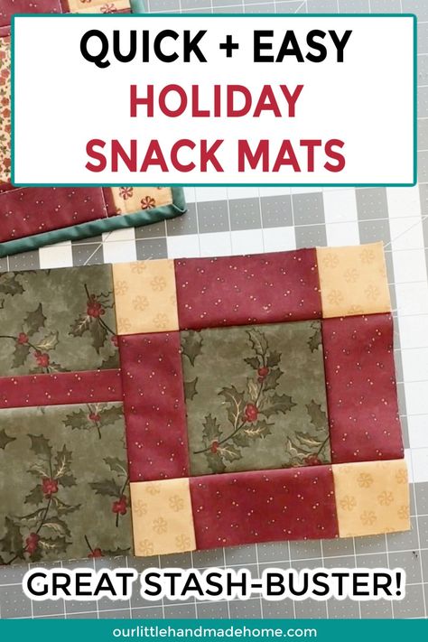 Learn how to create adorable holiday snack mats from fabric scraps or precuts. They're the perfect quick quilt project for your special holiday treats! Quilting Fabric Projects, Holiday Snack, Sewing Christmas Gifts, Mug Rug Patterns, Quick Quilt, Scrap Fabric Projects, Charm Quilt, Handmade Flowers Fabric, Placemats Patterns