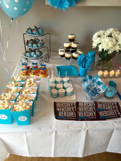 Boy Side of the Snack Table Gender Reveal Baby shower Blue Snacks Table, Table Snacks, Bbq Baby Shower Decorations, Baby Shower Snacks Boy, Gender Ideas, Shower Snacks, Baby Shower Garcon, Mesas Para Baby Shower, Boy Baby Shower Centerpieces