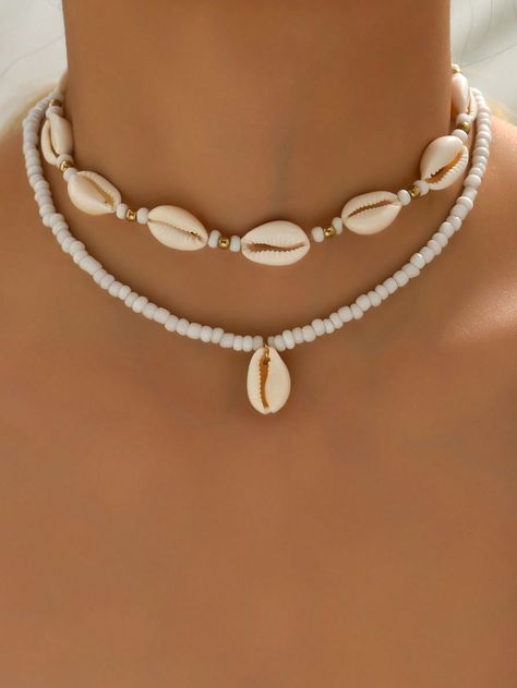 White  Collar  Shell   Embellished   Women's Fashion Jewelry Rice Bead Necklace, Seashell Pendants, Beach Necklaces, Layered Necklace Set, Multi Layer Necklace, Seashell Necklace, Shell Bracelet, Summer Necklace, Shell Jewelry