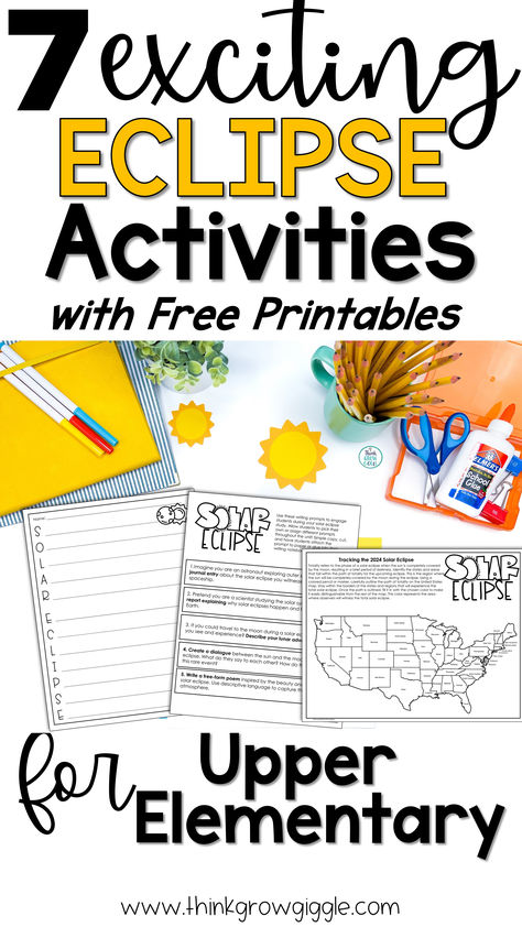 free solar eclipse activities for kids on a desk with scissors and a pencil box Solar Eclipse Activities For 5th Grade, Solar Eclipse Curriculum, Solar Eclipse Reading Activities, Eclipse Homeschool Ideas, Solar Eclipse Middle School, Solar Eclipse 3rd Grade, Solar Eclipse 4th Grade, Solar Eclipse Reading Comprehension, Eclipse Ideas For School