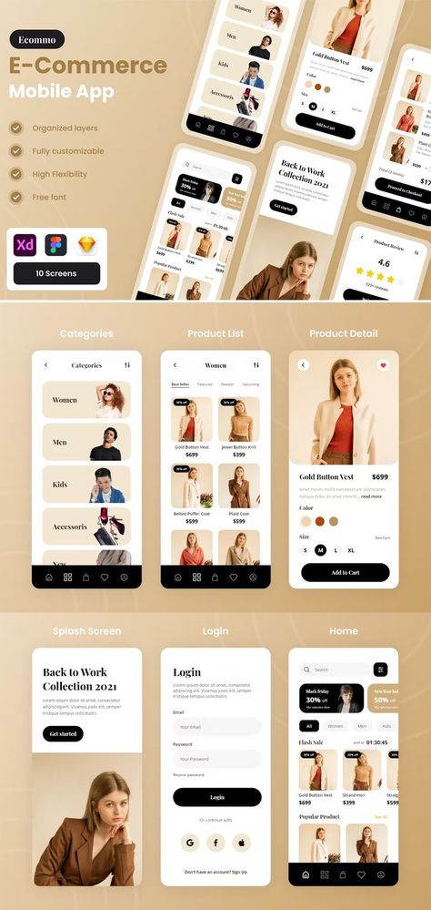 e-Commerce & Fashion Store Mobile App UI Template XD, FIG, SKETCH Marketplace App Design, App Design Shopping, Fashion Mobile App Design, Mobile Apps Designs, Fashion App Ui Design, E Commerce App Design, Ecommerce Mobile App Design, Fashion E Commerce Web Design, E Commerce Ui Design