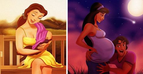 We all know the stories of Snow White and Cinderella, but have you ever tried to imagine what their lives looked like after the happily ever after ending with prince charming? Luckily, Isaiah Stephens did. Disney Princess Pregnant, Pocahontas 2, Princesas Disney Anime, Disney Princess Babies, Cartoon Disney, Fav Movie, Illustration Art Drawing, Animation Movie, Creative Illustration