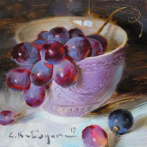 Grape Painting, Desen Realist, Still Life Fruit, Food Painting, Fruit Painting, Impasto Painting, Daily Painting, Painting Still Life, Still Life Art