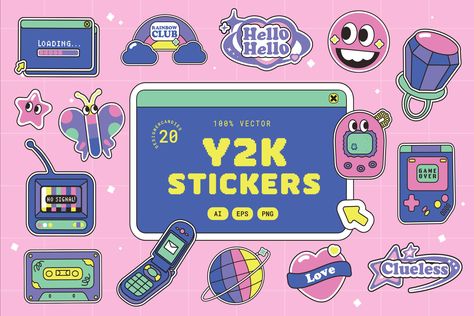 Y2k Vector, Y2k Illustration, Template Color, Y2k Stickers, Y2k Design, Yearbook Covers, Pop Illustration, Retro Y2k, Banking App