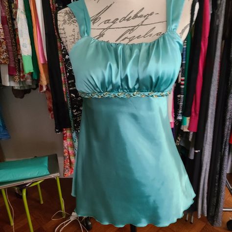 Blue Satin W Gold Chain Detail Under Bust, Never Worn Without Tags Long Sleeve 2000s Top, Teal Clothes, Tropical Clothes, Siren Top, Blue Cami Top, Silly Outfits, Y2k Ideas, 2000s Mcbling, Tropical Outfits