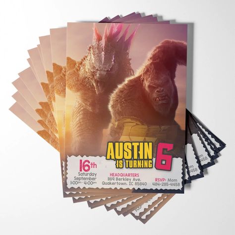 Throw an unforgettable Kong X Godzilla birthday bash with roar-some invitations! Invite your friends and family to a legendary celebration with our custom Kong X Godzilla party invitations featuring everyone's favorite kaiju, Godzilla! CHOOSE FROM TWO OPTIONS: * Printed invitations: Get high-quality 5x7" Godzilla birthday invitations delivered straight to your door. * Digital invitations: Save money and time with downloadable Godzilla party invitations in PDF or JPG format. You can print ... Godzilla Birthday Party Decorations, Godzilla Invitations, Godzilla Party, Godzilla Birthday Party, Godzilla Movie, Movie Invitation, Godzilla Birthday, Kids Party Themes, Party Details