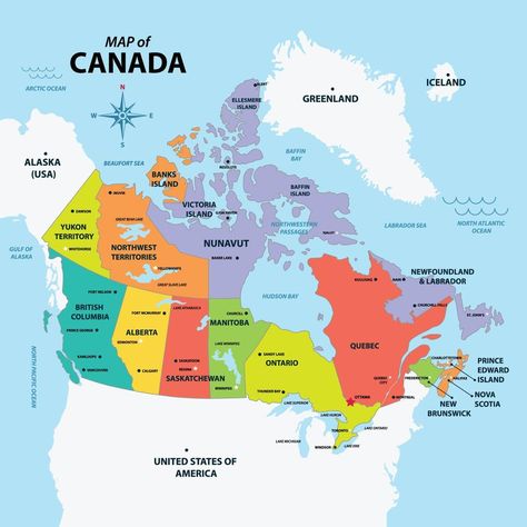 Canada Map With All States Map Of Canada Provinces, Map Of Canada Printable, Canada Map Illustration, Canada Travel Aesthetic, Canada Geography, Canada School, Geography Of Canada, Canadian Map, Canada For Kids