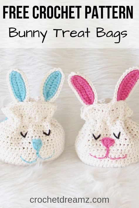 This crochet bunny treat bag can be made with just one skein of Lily Sugar 'n Cream cotton yarn. It looks cute from the front as well as the back. #crochetbunny Free Crochet Bunny, Crochet Kimono Pattern, Lacy Cardigan, Easter Crochet Patterns Free, Kimono Crochet, Clover Pom Pom Maker, Crochet Easter Basket, Beginning Crochet, Mandala Yarn