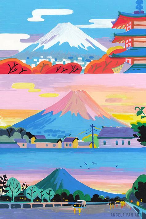 Himeji Castle, Mt Fuji Illustration, Mt Fuji Drawing, Fuji Illustration, Fujikawaguchiko, Acrylic Markers, Mt Fuji, Change Image, Woodblock Print