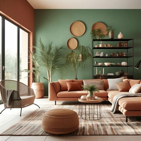 Home Decor Green Walls, Green Room Living Room, Interior Design For Dark Rooms, Terracotta And Green Interior Design, Brazilian Home Decor Interior Design, Terracotta Interior Design Living Rooms, Rust Couch Living Room Ideas Sofas, Rust Green Living Room, Peach And Green Interior Design
