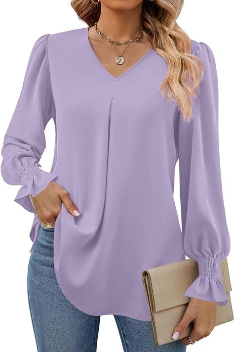 Funlingo Women's 2024 Long Sleeve Tops Dressy Casual V Neck Tunic Shirts Loose Chiffon Work Blouse at Amazon Women’s Clothing store Tunic Shirts, Round Wardrobe, V Neck Tunic, Women Chiffon Blouse, Lantern Sleeved Blouses, Simple Blouse, Casual Outerwear, Top Shirt Women, Chiffon Shirt