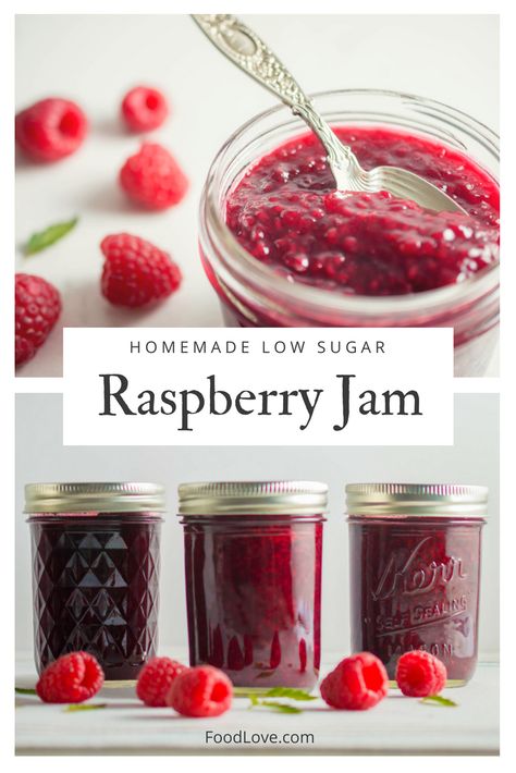 Low sugar raspberry jam is bursting with fresh raspberry flavor! It's easier than you think to make your own fresh fruit jam. #jam #raspberry #homemade #canning Dehydrating Raspberries, Low Sugar Raspberry Jam, Low Sugar Jam Recipes, Jam Raspberry, Healthy Jam, Low Sugar Jam, Raspberry Jam Recipe, Home Canning Recipes, Canning Jam