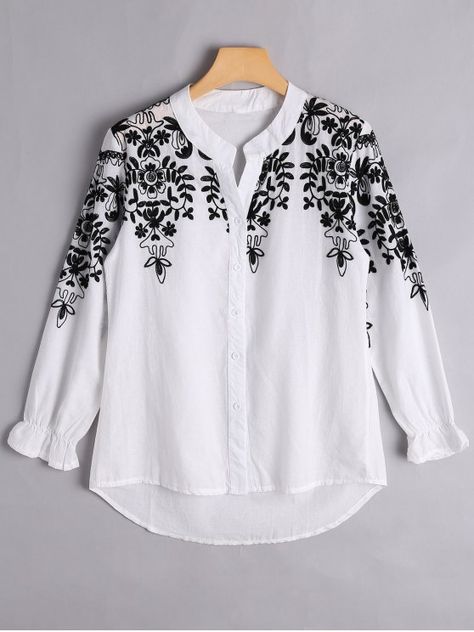 Button Up Floral Embroidered Blouse - WHITE M Stylish Jeans Top, Embroidered Button Up Shirt, Button Up Shirt Women, Tie Dye Fashion, Stylish Short Dresses, Trendy Fashion Tops, Cute Blouses, Stylish Dresses For Girls, Crop Top Shirts