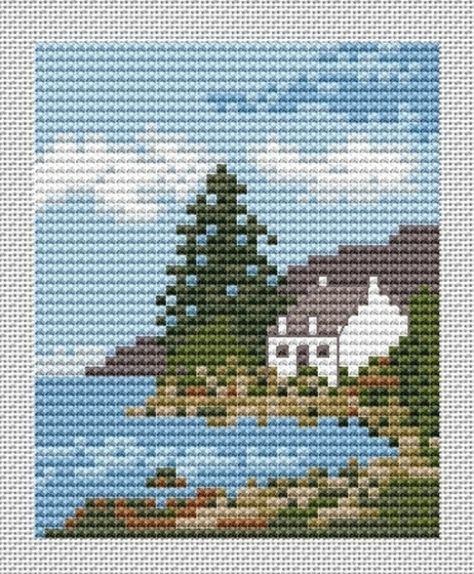 Cross stitch counted thread embroidery chart. Scottish Highland loch side cottage. Stitched area 3” x 4” approx. on 28 count evenweave or 14 count aida Keyed for Anchor threads #knitting #knit #macrame Scottish Cross Stitch, Landscape Cross Stitch Patterns, Cottage Small, Embroidery Stitches Flowers, Landscape Cross Stitch, Small Landscape, Anchor Threads, Tiny Cross Stitch, Cross Stitch House