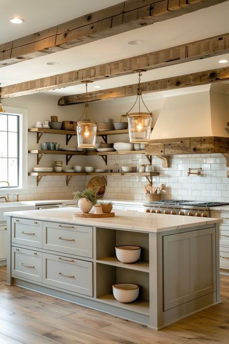 Country Kitchen With Table In Middle, Kitchen Wood Island Ideas, Farm Style Kitchen Island, Wood Islands In Kitchen, Small Farmhouse Interior Ideas, Square Island With Seating, Kitchen Island For Small Kitchen, Lake House Kitchens, Island Ideas For Kitchen