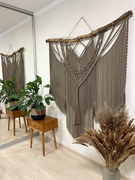 Thanks for the kind words! ★★★★★ "In love! Everything about it and the transaction was great." Madison C. https://etsy.me/3X2Z2Es #etsy #brown #macrame #entryway #wallhangings #bohemianwalldecor #wovenwallhanging #bedroomwalldecor #macramewallhanging #bohotapestry Giant Macrame Wall Hanging, Macrame Above Bed, Boho Hanging Decor, Large Boho Wall Decor, Big Macrame Wall Hanging, Wide Macrame Wall Hanging, Wedding Photo Zone, Large Wall Decor Living Room, Macrame Wall Hanging Decor