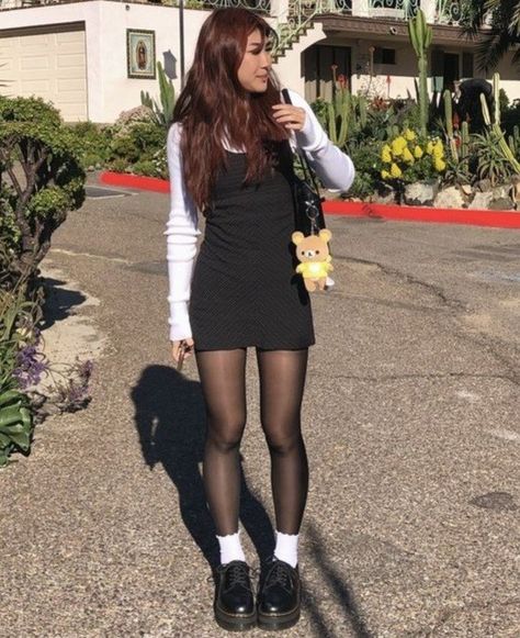 Black tights and white socks #Black #tights #and #white #socks #blacktightsandwhitesocks Shirt Under Dress, Dress And Stockings, Sixth Form Outfits, Stockings Outfit, Looks Party, Ținută Casual, Socks Black, White Socks, Fashion Tights