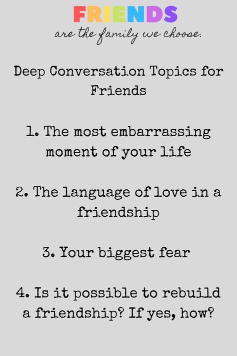 Deep Conversation Topics for Friends Conversation Topics For Friends, Friendship Conversation, Fun Conversation Topics, Deep Conversation Topics, Conversation Starter Questions, Conversations With Friends, Deep Conversation, Conversation Topics, Deeper Conversation