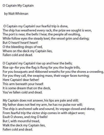 One of my favorite Walt Whitman poems. Oh Captain My Captain Poem, Whitman Poetry, Whitman Poems, Walt Whitman Poems, O Captain My Captain, Oh Captain My Captain, Short Friendship Quotes, Captain My Captain, Famous Poems