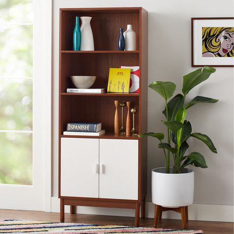 A fancy bookshelf with doors so you can hide your more embarrassing reads. 23 Unexpectedly Stylish Pieces Of Mid-Century-Inspired Furniture From Walmart Midcentury Modern Bookshelf, Mis Century Modern, Modern Book Shelves, Modern Bookshelves, Mid Century Modern Bookcase, Bookcase With Doors, Music Space, Office Aesthetic, Bookcase Door