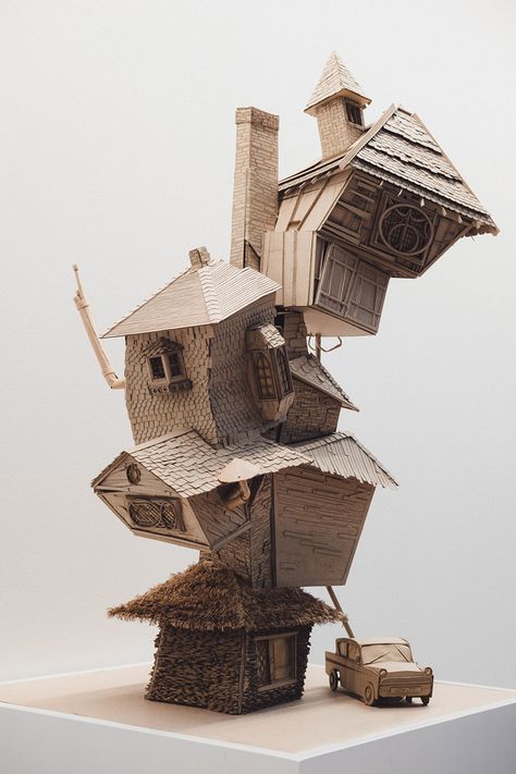 architecture students reimagine ollivanders, weasley burrow, and more harry potter scenes  www.designboom.com Weasley Burrow, Casa Fantasy, Harry Potter Universe, The Burrow, Cardboard Sculpture, Harry Potter Scene, Cardboard House, Cardboard Art, Architecture Student