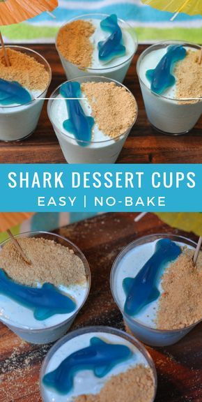 Easy Kid Snacks- Shark Cups | A fun way to celebrate shark week or an under the sea birthday party. Under The Sea Baking, Shark Snack Cups, Classroom Dessert Ideas, Easy Birthday Snacks For Kids, Fun Birthday Snacks For School, Crab Shaped Food, Finding Dory Party Food, Jaws First Birthday Party, Vbs Dessert Ideas