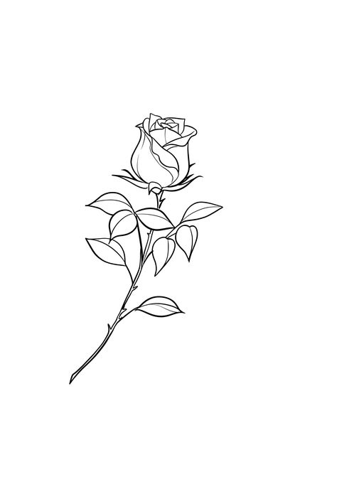 Rose On Stem Drawing, Rose Bud Drawing Tattoo, Rose Head Tattoo Design, Rose And Stem Drawing, Rose With Stem Outline, Rose With Stem Tattoo Stencil, Rose Stem Tattoo Design, Rose Outline Tattoo Design, Rose With Stem Tattoo Design