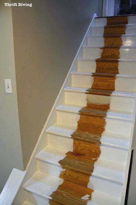 Painted Indoor Stairs, Painted Stair Runner Ideas, Paint Colors For Stairs, Painting Steps Indoors, Brown Painted Stairs, Painted Wooden Stairs, Wooden Stairs With Runner, Stair Banister Ideas, Painted Stairs Makeover