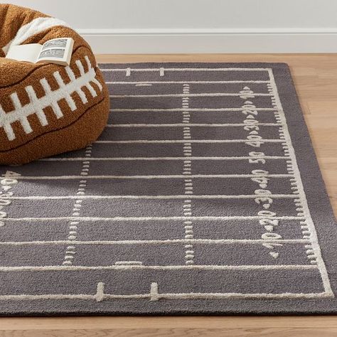 Area Rug Boys Bedroom, Football Themed Bathroom, Sports Theme Playroom, Teenage Football Bedroom, Sports Home Decor, Neutral Sports Nursery, Boy Nursery Ideas Sports, Modern Sports Bedroom, Toddler Sports Room