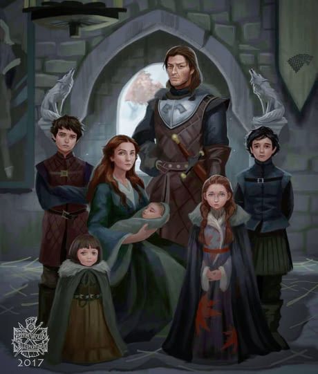 Ned + Cat + Jon + Robb + Sansa + Arya + Bran + Rickon Dessin Game Of Thrones, Stark Family, Catelyn Stark, Eddard Stark, Game Of Thrones Artwork, Hiro Big Hero 6, Ned Stark, Robb Stark, Got Game Of Thrones