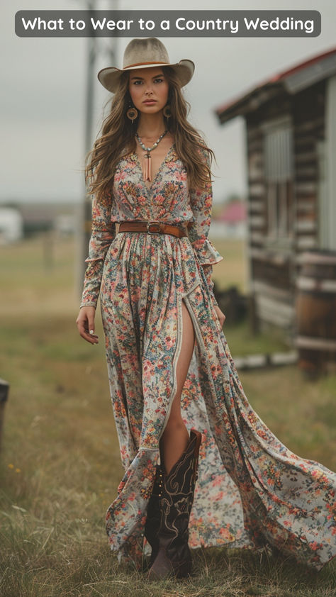 female guest at a country wedding Formal Dress With Cowboy Hat, Wedding Guest Country Dress, Jean Wedding Outfit Women, Wedding Guest Cowgirl Outfit, Rustic Wedding Attire For Women Guest, Western Floral Dress, Country Formal Dress, What To Wear To A Country Wedding, Fall Country Wedding Guest Outfit