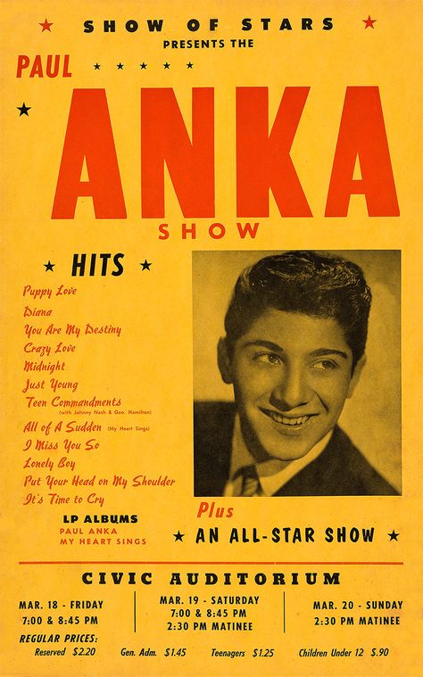 Paul Anka 1960 Honolulu Bobby Rydell, 1950s Rock And Roll, Paul Anka, Tab Hunter, Vintage Concert Posters, Music Poster Ideas, Radio Personality, Music Pics, Star Show