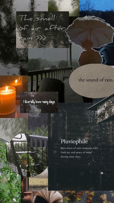 A collage of rainy day pictures, lots of rain puddles, cozy candles, books, text about loving rain, autumn leaves Rain Fall Aesthetic, Aesthetic Thunder, Aesthetic Raining, Nature Aesthetic Forest, Cottagecore Aesthetic Dark, Season Rainy, Forest Twilight, Aesthetic Rainy Day, Cozy Core