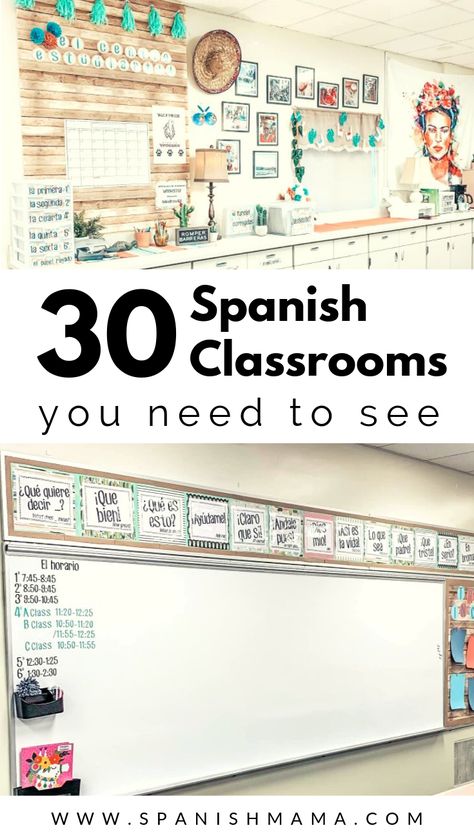 Get a look into Spanish classrooms from all over and see how ordinary teachers are setting up and organizing their rooms. Language Classroom Decor, Bilingual Classroom Decor, Spanish Teacher Classroom, Kids Classroom Decor, Spanish Classroom Decor, High School Spanish Classroom, World Language Classroom, Spanish Classroom Activities, World Language