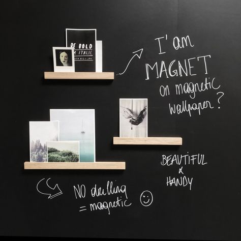 Magnetic Shelves, Magnetic Chalkboard Wall, Magnetic Wallpaper, Pin Board Ideas, Black Painted Walls, Magnetic Paint, Blackboard Wall, Chalk Wall, Magnetic Chalkboard