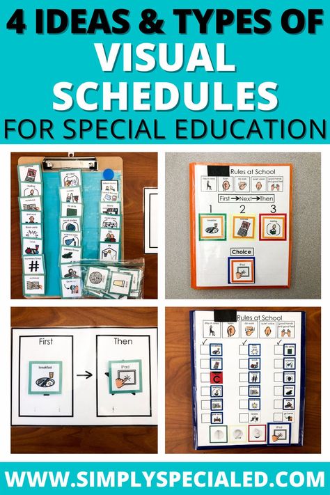 Creating schedules for your special education classroom doesn't have to be complicated, but it's good to use variety based off of your individual students' level. In this post, I'm sharing ideas and tips for integrating 4 different types of schedules that I use with my elementary special education students. Providing a structured schedule and predictable routine is a great way to support your special ed students, and also set them up for success! Choice Board Special Education, Individual Visual Schedule Preschool, Special Ed Schedule Ideas, Special Ed Visual Schedule, Individual Student Visual Schedule, Pre K Special Education, Sped Visual Schedule, Visuals For Special Education, Special Education Schedule Ideas