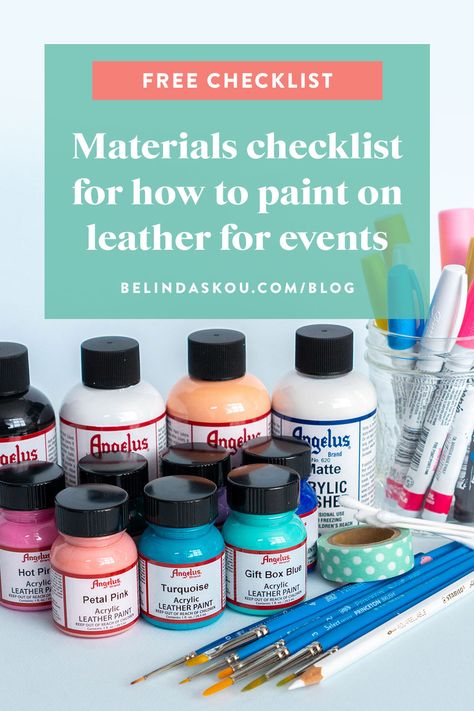 Refresh or makeover your leather purses with these painting materials! This article includes a free downloadable checklist as well as additional supplies that artists can bring for on-site customization events. #paintingonleather #paintingonleatherdiy #paintingmaterials Leather Painting Diy, Diy Leather Paint, Diy Purse Makeover, Paint On Leather, Painted Purses, Painted Leather Purse, Leather Painting, Pastel Leather, Leather Couture