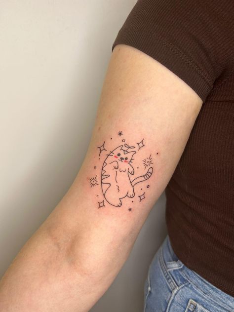 Starry Cat Tattoo, Cat Stars Tattoo, Cat Star Tattoo, Cat And Stars Tattoo, Kawaii Cat Tattoo, Silly Cat Tattoo, Cartoon Cat Tattoo, Pinky Tattoo, Cat Tats